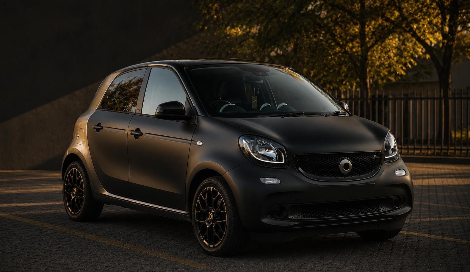 A matte black Smart ForFour photographed at golden hour